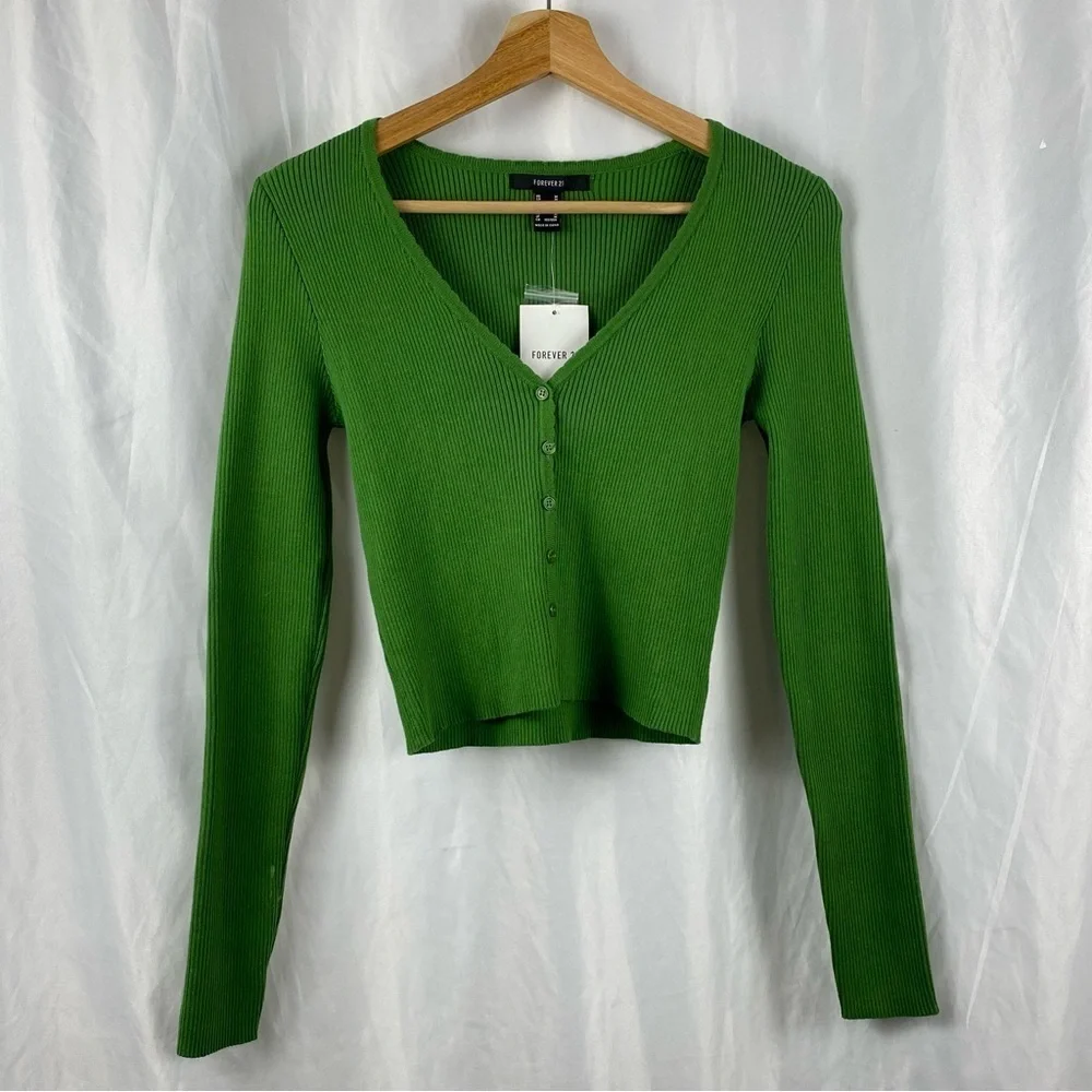 Forever 21 Women’s Green Ribbed Long Sleeve Cropped Sweater Cardigan Top Medium